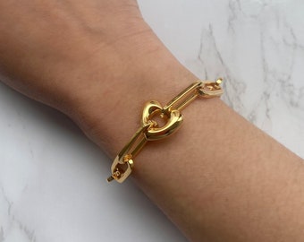 18k Gold Gold Paperclip Chain Heart Charm Bracelet | Chunky Gold Chain Bracelet | Gold Stacking Bracelet | Gift For Her