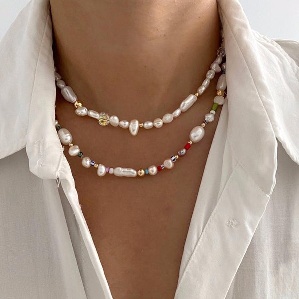 Freshwater Pearl Necklace: Rainbow Beaded, 18k Gold Accents