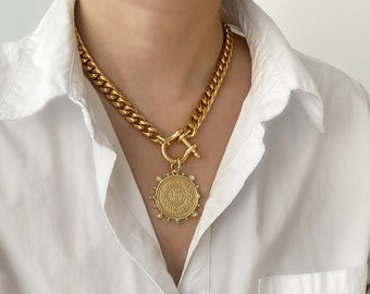 Large Gold Coin Chunky Necklace | Thick Gold Medallion Pendant Statement Necklace | Antique Coin Style | Gold Chunky Layering Necklace