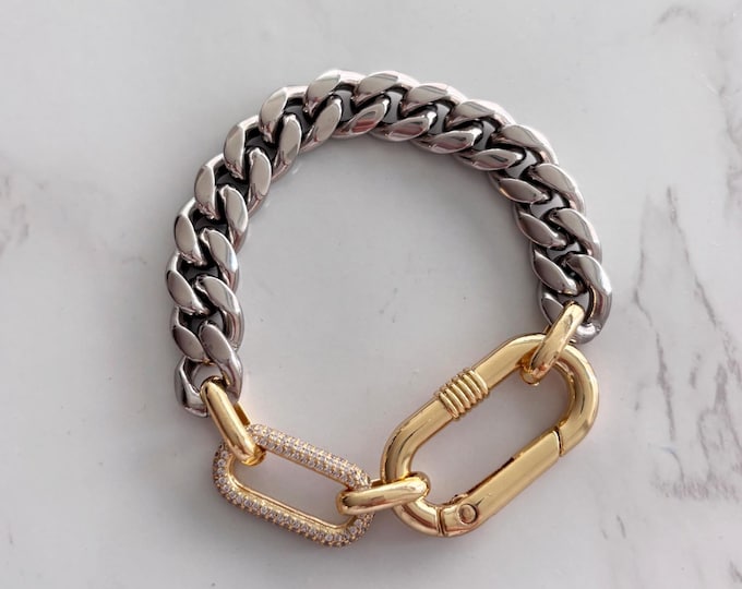 Two-Tone Chunky Cuban Chain Bracelet: Gold Plated Stainless Steel