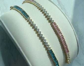 Sterling Silver Tennis Bracelet | Diamond Tennis Bracelet with Colored Cubic Zirconia Stones | Cubic Zirconia Tennis Bracelet