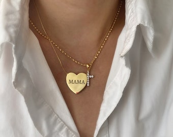 Custom Engraved Heart Pendant Necklace | Personalized Name Necklace for Women Best Gift Jewelry Monogram Mother Name Mama Handmade Engraved