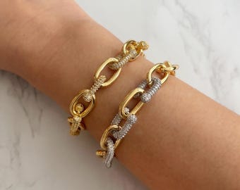 Gold Paperclip Chain Bracelet | CZ Diamond Link, Stacking Jewelry