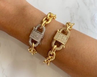 Bracelet chaîne en or à superposer | Bracelet chaîne épaisse | Bracelet chaîne à maillons dorés | Bracelet avec fermoir diamant CZ | Bracelet chaîne en or épais