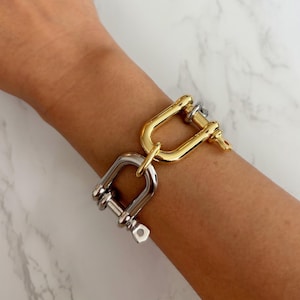 May include: A two-tone chain bracelet featuring alternating gold-toned and silver-toned U-shaped shackle links. The links are connected by smaller circular rings, creating a bold, industrial-inspired design that wraps around the wrist.