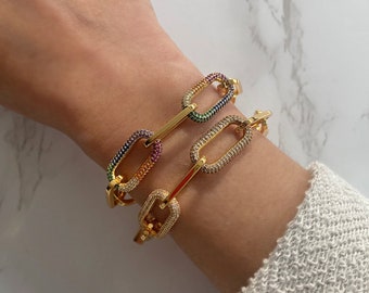 Gold Paperclip Chain Bracelet: CZ Diamond Link, Chunky Stacking Bracelet