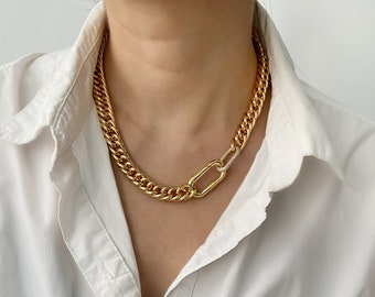 Collar de cadena de doble eslabón de oro grueso / gargantilla de declaración de oro grueso / collar de declaración / collar de capas gruesas de oro