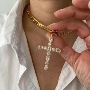 Large Gold Cross Necklace | Large Oversized Cross Necklace | Chunky Gold Chain Layering Necklace | Statement Choker