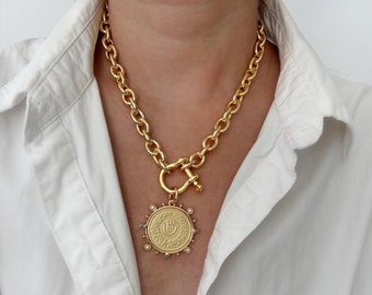 Large Gold Coin Chunky Necklace | Thick Gold Medallion Pendant Statement Necklace | Antique Coin Style | Gold Chunky Layering Necklace