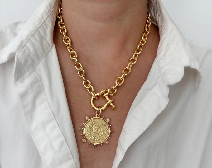 Chunky Gold Coin Necklace: 18k Gold Filled Medallion Pendant