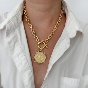 Large Gold Coin Chunky Necklace | Thick Gold Medallion Pendant Statement Necklace | Antique Coin Style | Gold Chunky Layering Necklace