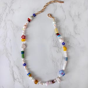 Mushroom Necklace | Genuine Freshwater Pearl Necklace | Handmade Assorted Bead Necklace | Rainbow Glass Beads Necklace | Pearl Necklace