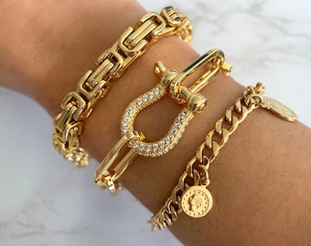 Gold Paperclip Chain Bracelet CZ Diamond Carabiner | Chunky Chain Bracelet | Gold Link Chain Bracelet | Gold Horseshoe Charm Bracelet