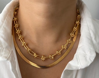 Gold Gliederkette Halskette | Handgeknüpfte klobige Halskette | Dickes Stacheldraht Kettenarmband | Layering Halskette | Statement-Halsband