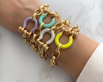 Enamel Carabiner Charm Bracelet | Chunky Gold Link Chain Bracelet | Chunky Colorful Stacking Bracelet | Carabiner Charm Bracelet