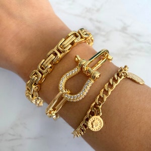 Gold Paperclip Chain Bracelet CZ Diamond Shackle | Chunky Chain Bracelet | Gold Link Chain Bracelet | Gold Horseshoe Shackle Charm Bracelet