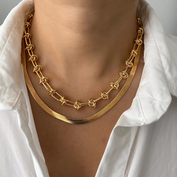 Gold Link Chain Necklace | Chunky Gold Knotted Chain Necklace | Thick Barbed Wire Chain Bracelet | Layering Necklace | Statement Choker