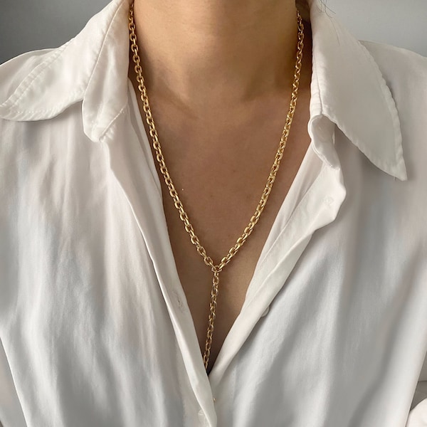 18K Gold Chain Lariat Necklace | Chunky Chain Y Necklace | Gold Chain Link Layering Necklace | Long Drop Necklace | Statement Necklace