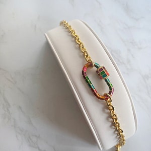 18k Gold Filled Handmade Rainbow Carabiner Charm Bracelet | Gold Link Chain Bracelet | Colorful Stacking Bracelets | Carabiner Lock Bracelet