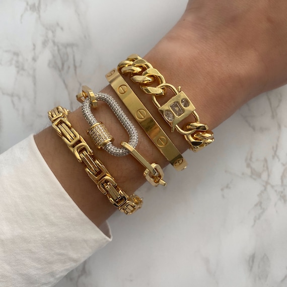 Gold Paperclip Chain Bracelet With Carabiner | Chunky Chain