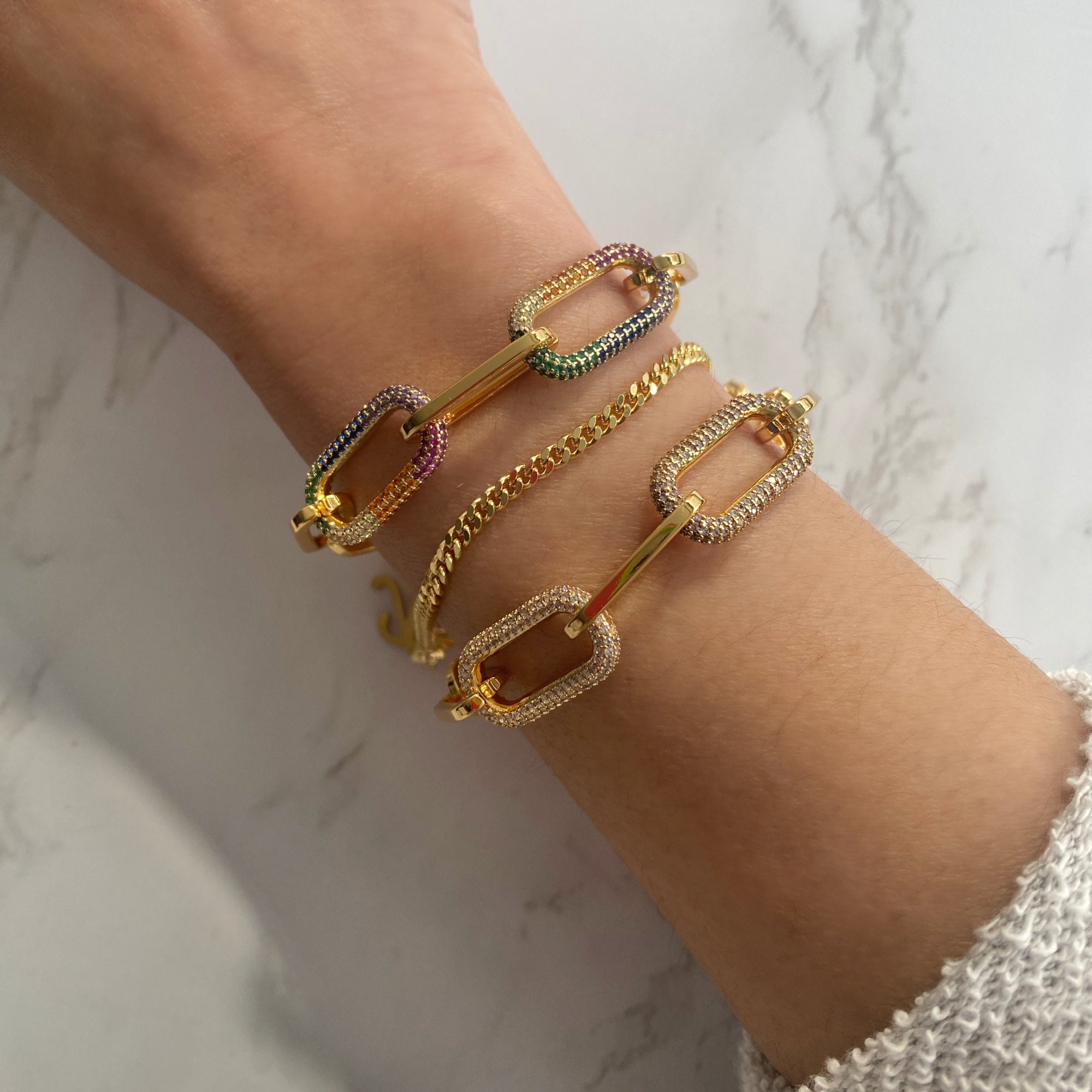 Gold Paperclip Chain Bracelet CZ Diamond Links | Chunky