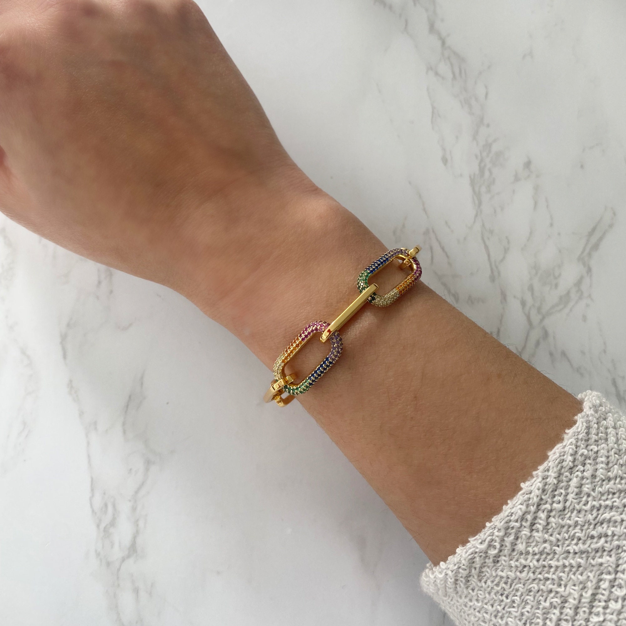 Gold Paperclip Chain Bracelet CZ Diamond Links | Chunky