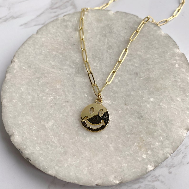 Gold Emoji Smiley Paperclip Chain Necklace 14K Gold Pendant Etsy