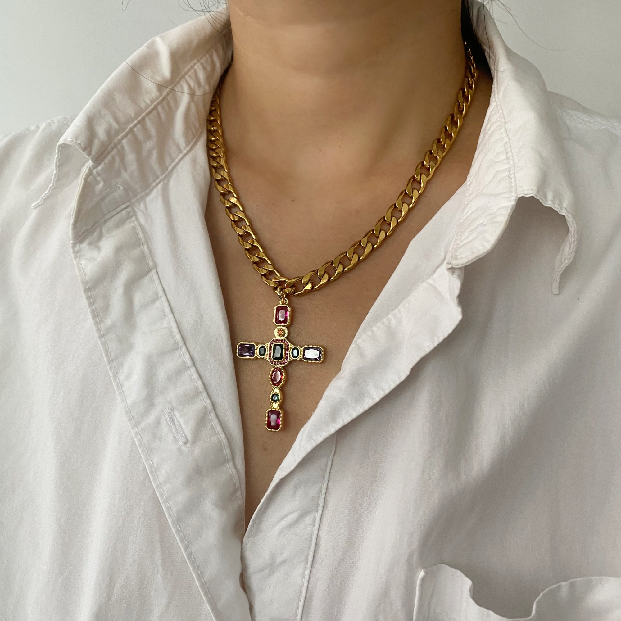 Colorful Gem Cross Necklace | Large Oversized Cross Necklace | Chunky Gold Chain Layering Necklace | Statement Choker