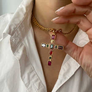 Colorful Gem Cross Necklace | Large Oversized Cross Necklace | Chunky Gold Chain Layering Necklace | Statement Choker