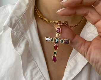 Colorful Gem Cross Necklace | Large Oversized Cross Necklace | Chunky Gold Chain Layering Necklace | Statement Choker