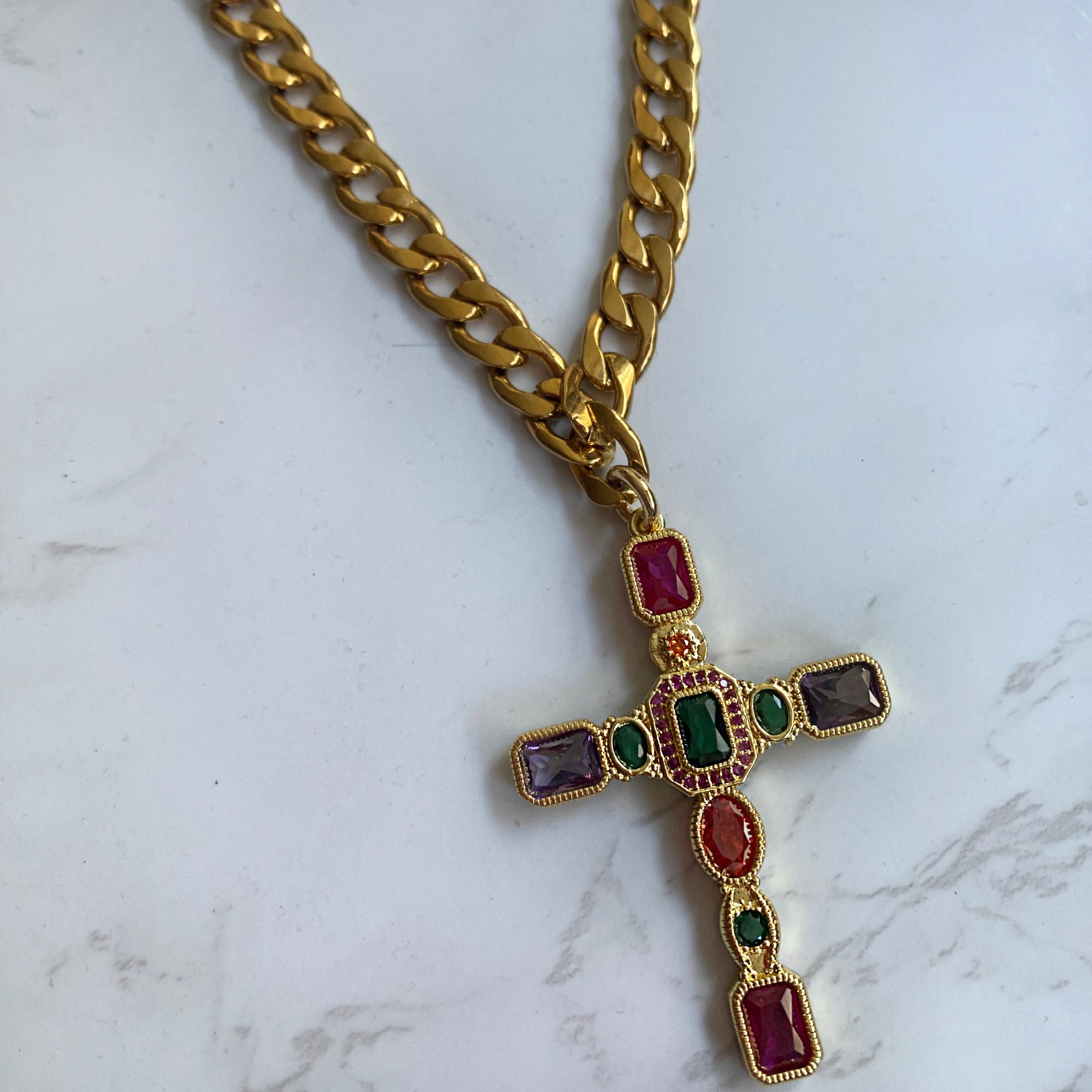 Colorful Gem Cross Necklace | Large Oversized Cross Necklace | Chunky Gold Chain Layering Necklace | Statement Choker