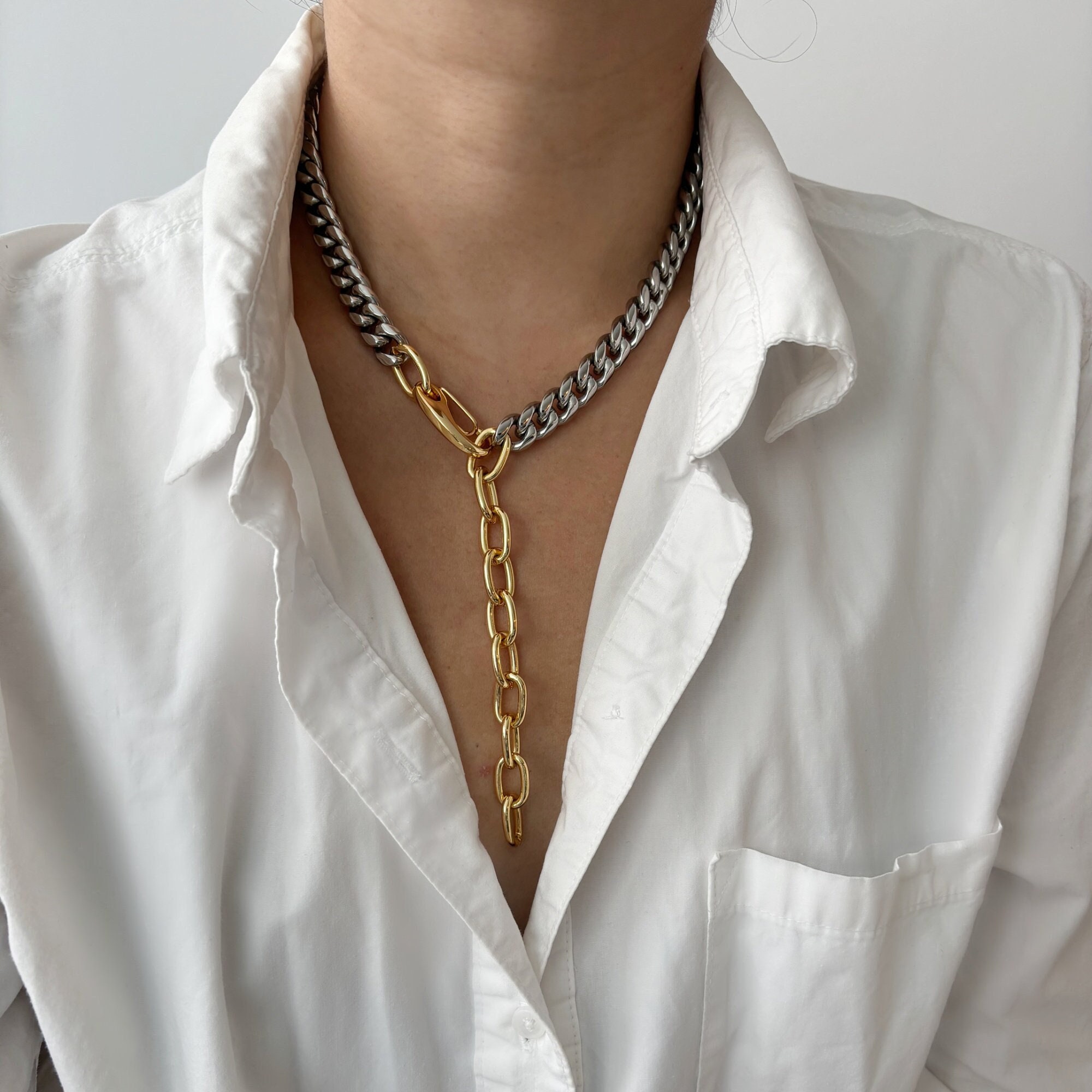 Chunky 2 Tone Chain Lariat Necklace | Thick Gold Statement Necklace | Silver and Gold Chain Statement Necklace | Chunky Layering Necklace