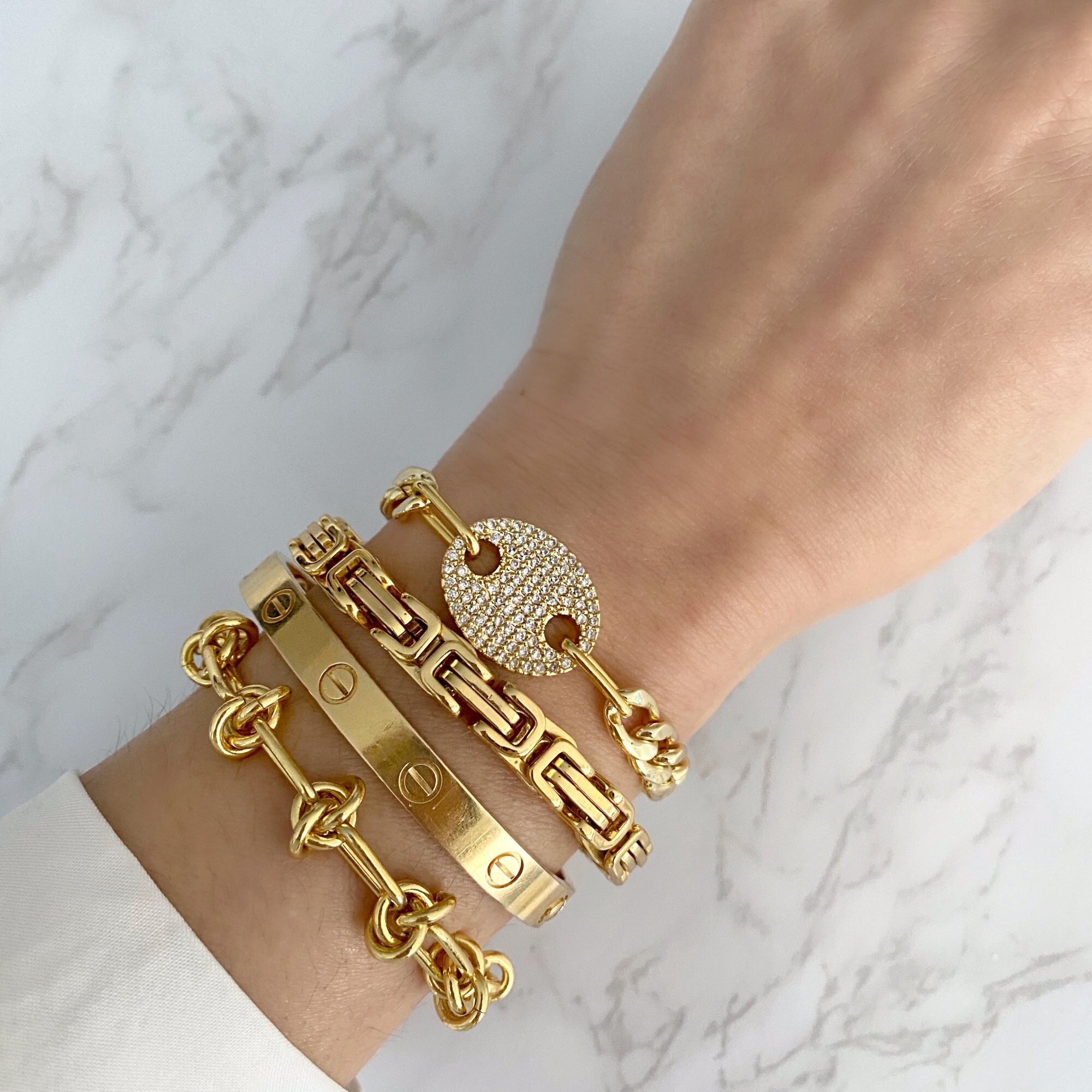 Chunky Flat Mariner Bracelet, Gold Link Chain, Big Hook Bracelet, Chunky  Bracelet, Gold Chain Bracelet, Stacking Bracelet, Gold Charm Brace 