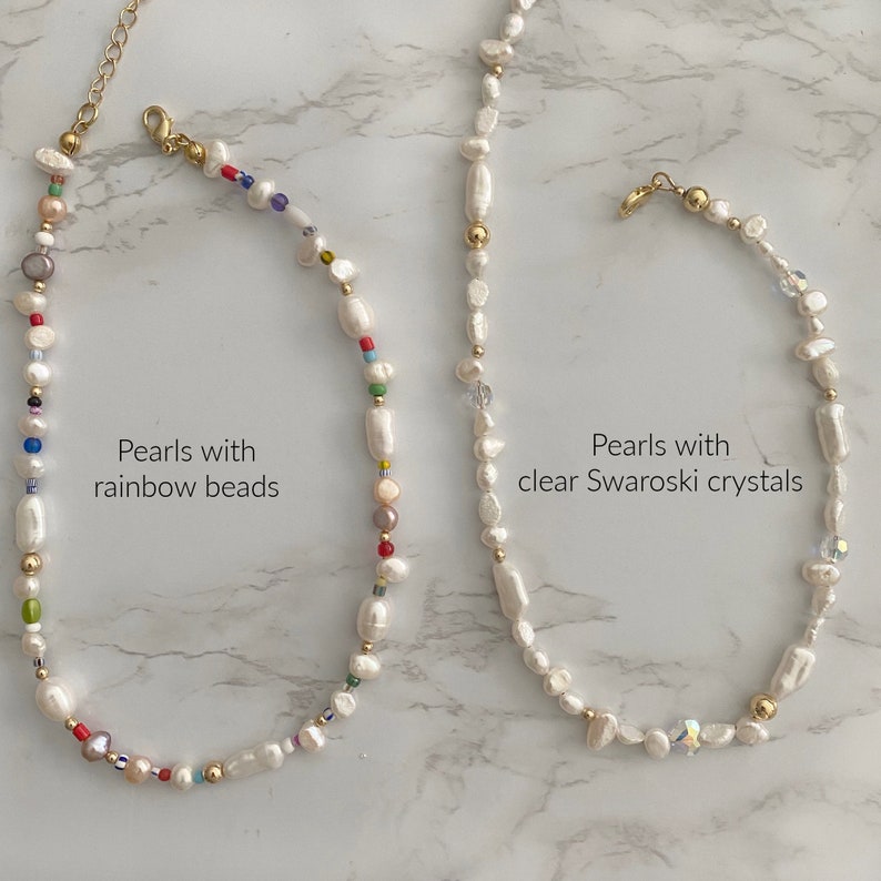 Freshwater Pearl Necklace Genuine Pearl Necklace Handmade Beaded Necklace Rainbow Beads Pearl Necklace Baroque Pearl Necklace Pearls+Crystal Beads