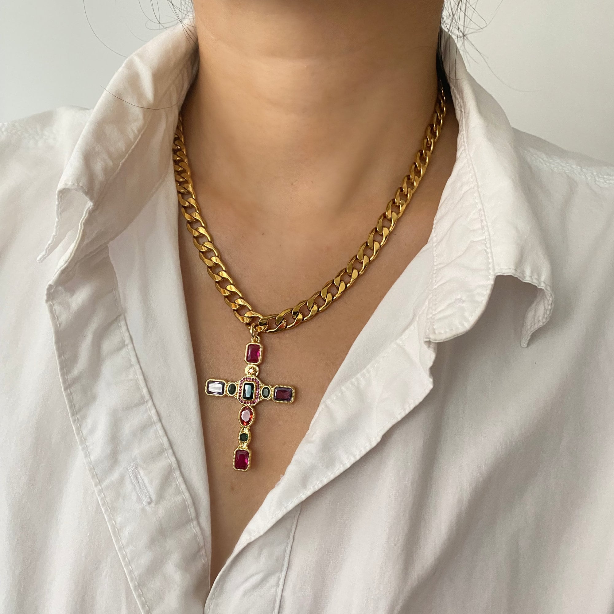 Colorful Gem Cross Necklace | Large Oversized Cross Necklace | Chunky Gold Chain Layering Necklace | Statement Choker