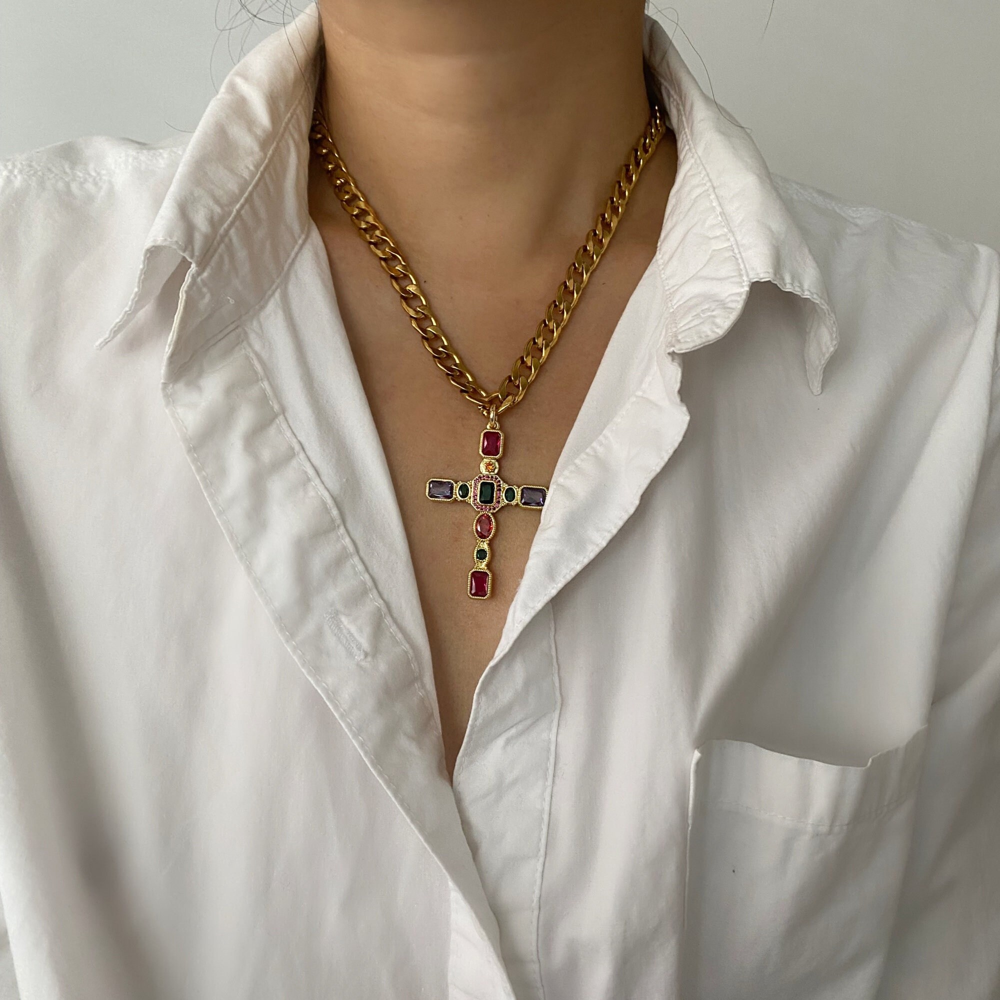 Colorful Gem Cross Necklace | Large Oversized Cross Necklace | Chunky Gold Chain Layering Necklace | Statement Choker