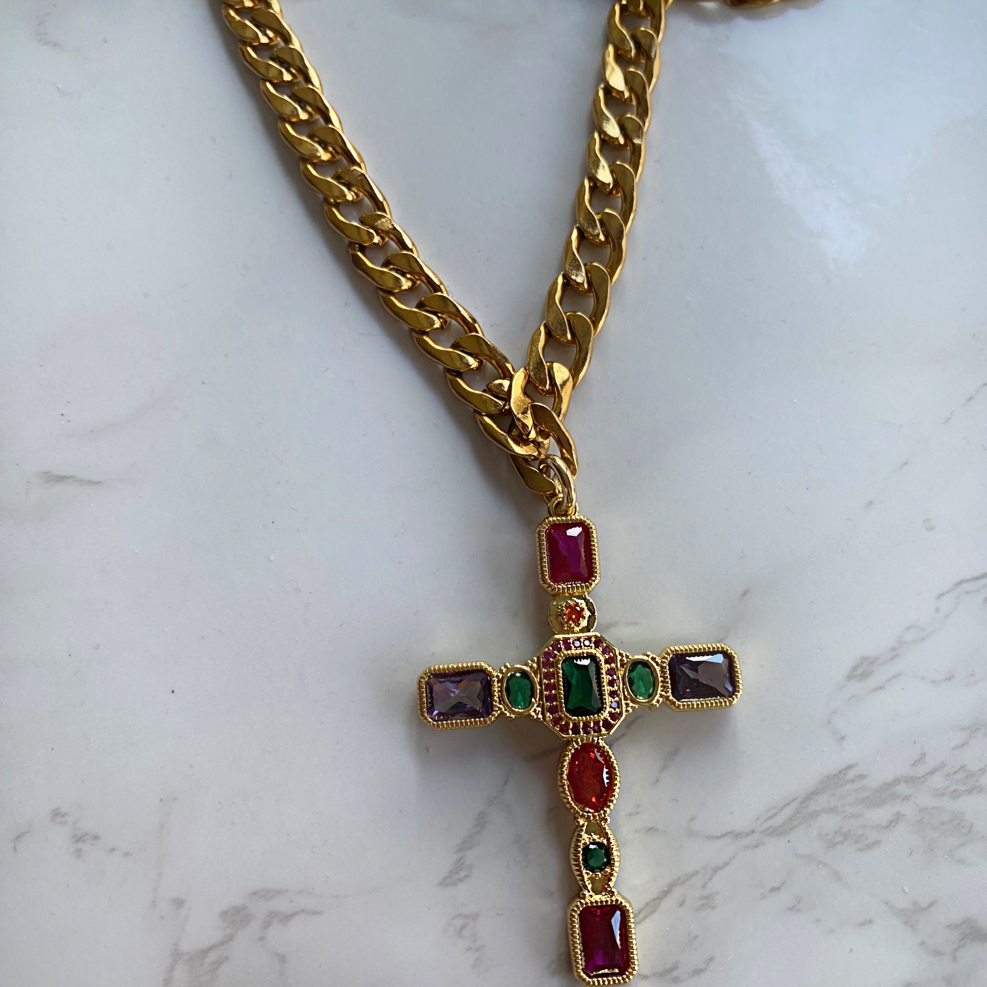 Colorful Gem Cross Necklace | Large Oversized Cross Necklace | Chunky Gold Chain Layering Necklace | Statement Choker
