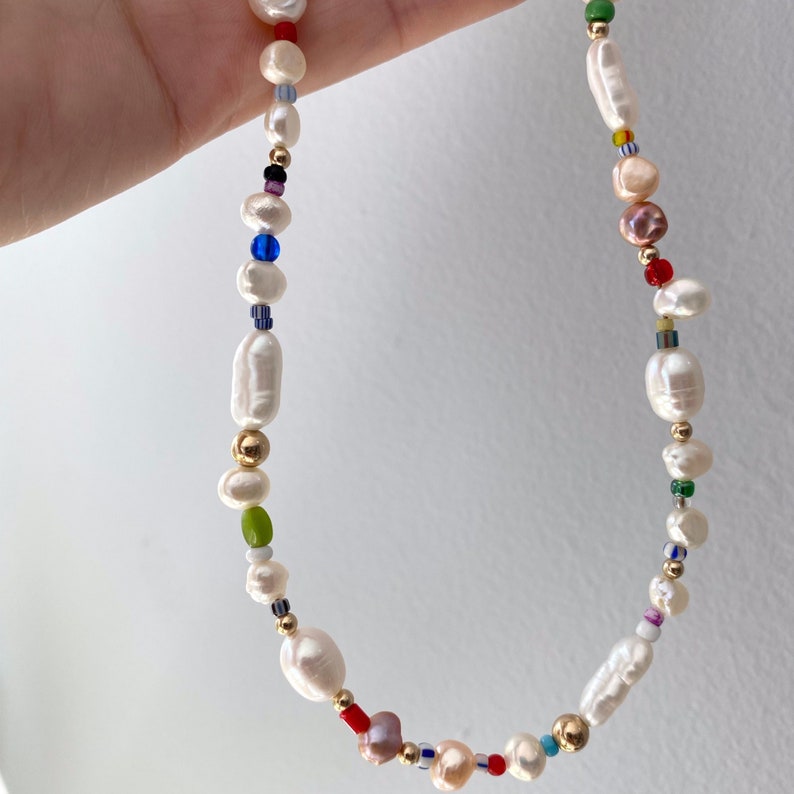 Freshwater Pearl Necklace Genuine Pearl Necklace Handmade Beaded Necklace Rainbow Beads Pearl Necklace Baroque Pearl Necklace Pearls+Rainbow Beads