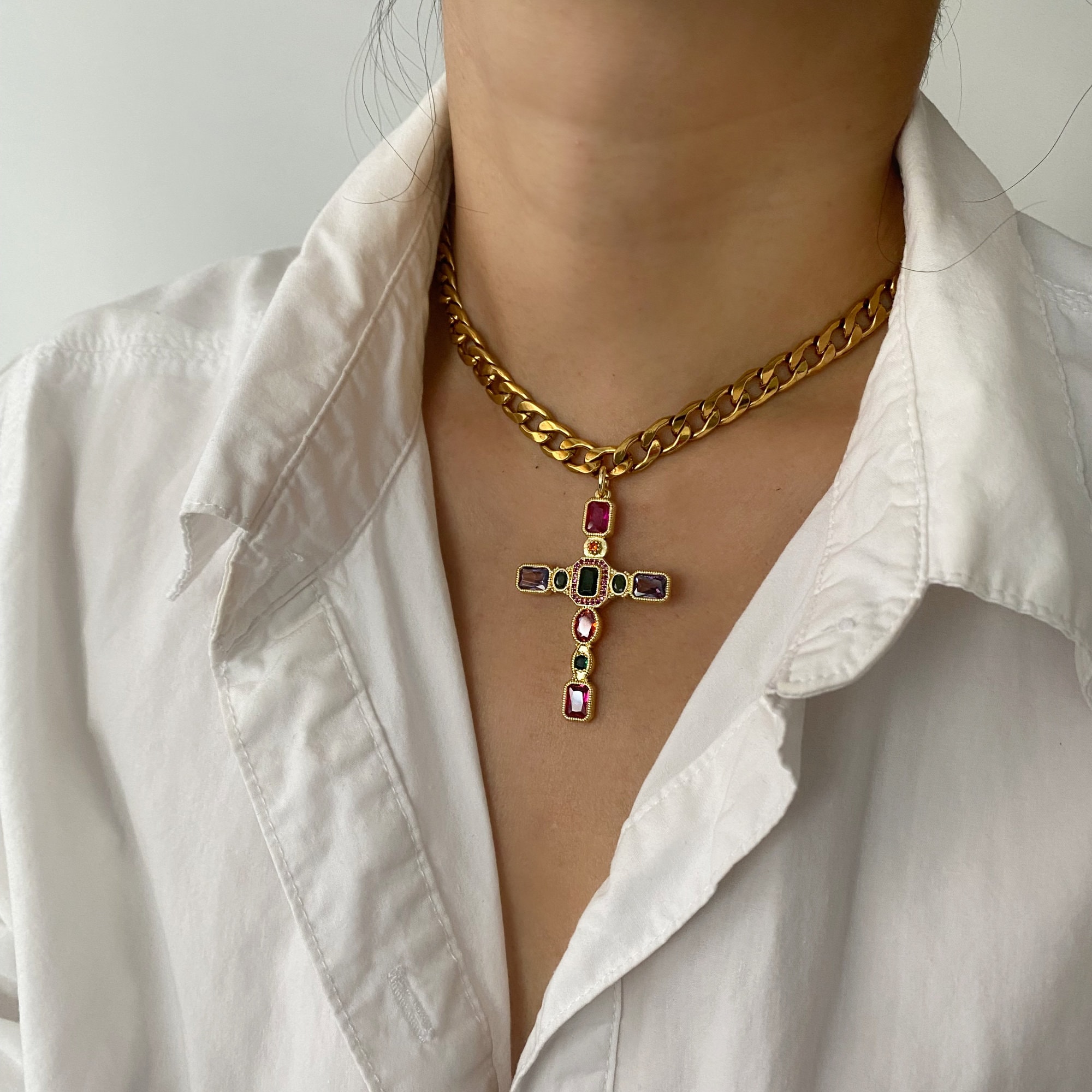 Colorful Gem Cross Necklace | Large Oversized Cross Necklace | Chunky Gold Chain Layering Necklace | Statement Choker