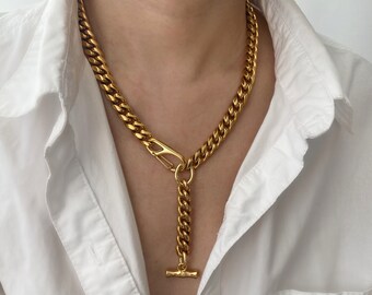 Chunky Gold Link Chain Lariat | Thick Gold Statement Y Necklace | Statement Necklace | Gold Chunky Layering Necklace