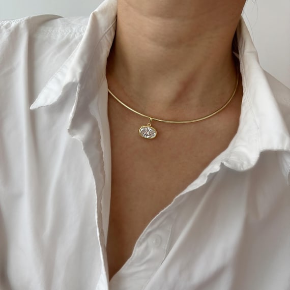 14K Gold Plated Omega Collar Necklace with Crystal Charm