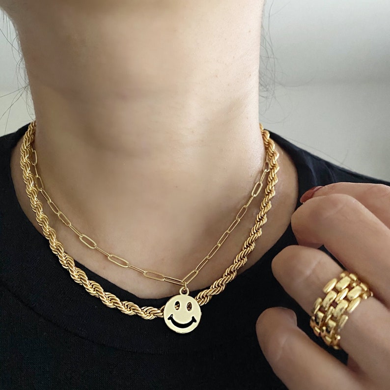 Gold Emoji Smiley Paperclip Chain Necklace 14K Gold Pendant Etsy