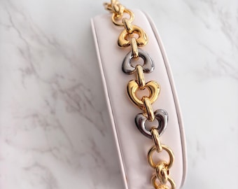 Two Tone Heart Chain Bracelet: Gold Silver Chunky Link