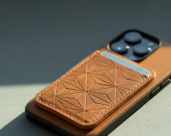 Leather MagSafe Wallet, Handcarved in Geometric Flower pattern