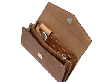 Leather AirTag Long Flap Wallet with hidden AirTag pocket, crafted from Full-grain italian eco friendly leather