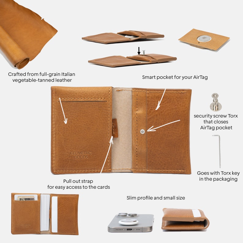 airtag leather card wallet with hidden slot for AirTag tracker made by Geometric Goods
