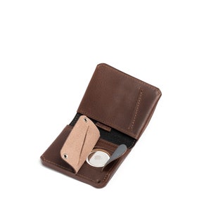 Leather AirTag billfold wallet 2.1 with hidden pocket to fit inside Apple's AirTag, handcrafted from full-grain Italian leather