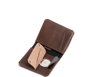 Leather AirTag billfold wallet 2.1 with hidden pocket to fit inside Apple's AirTag, handcrafted from full-grain Italian leather