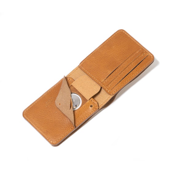 Leather billfold wallet with secret AirTag pocket