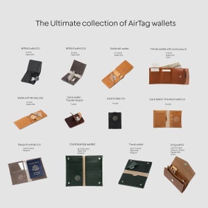 all types of leather AirTag wallets including billfold wallet, trifold wallet, passport holder, card holders, money clip, long wallet, travel wallets in different styles and colors